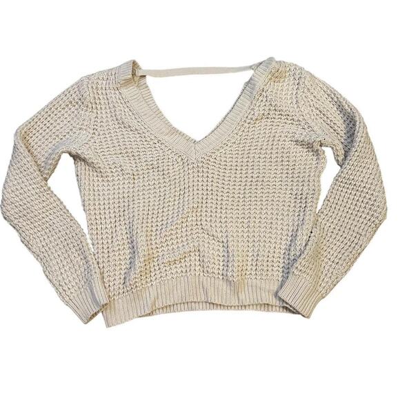 Cream and white chunky knitted v neck crop sweater - Picture 1 of 7